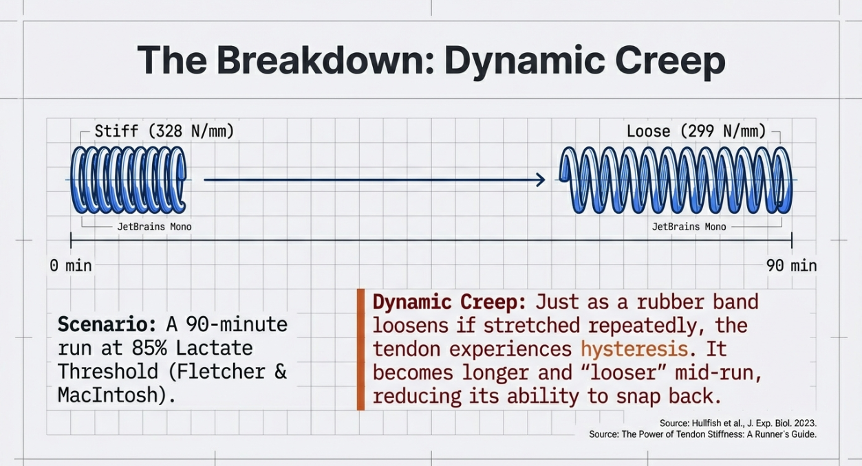 Diagram showing how tendons loosen (creep) over a 90 minute run, reducing energy return