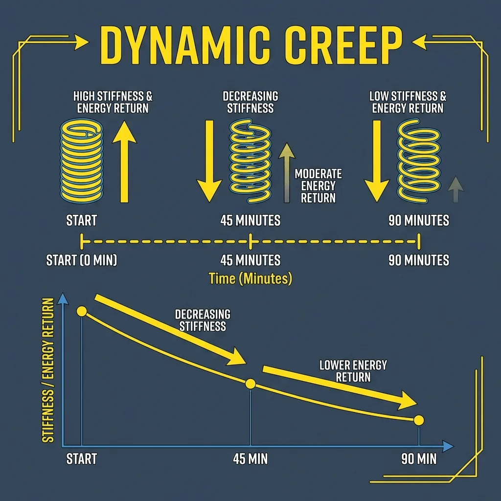 Diagram showing how tendons loosen (creep) over a 90 minute run, reducing energy return