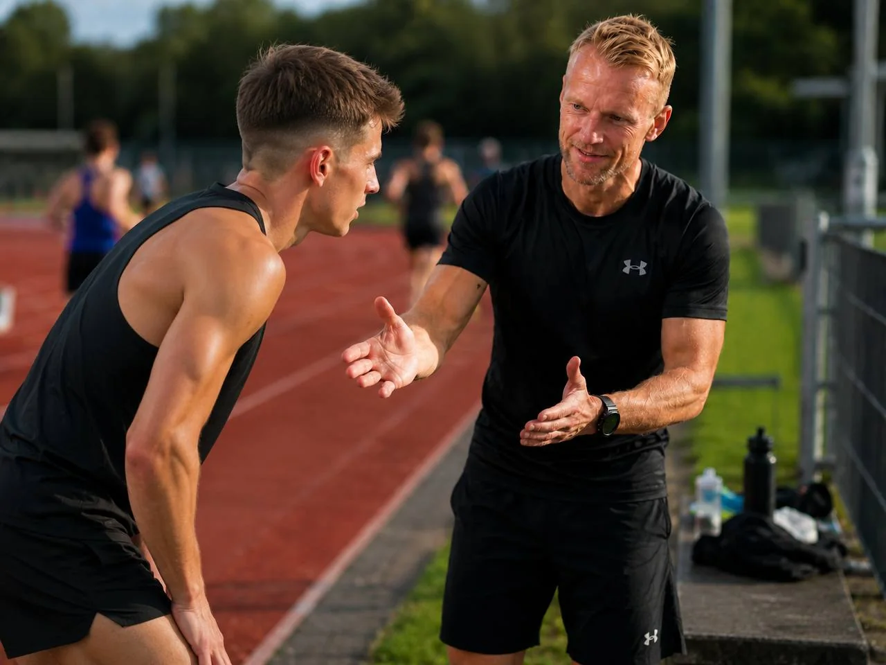 Running coach talking to an athlete beside a track after a hard session