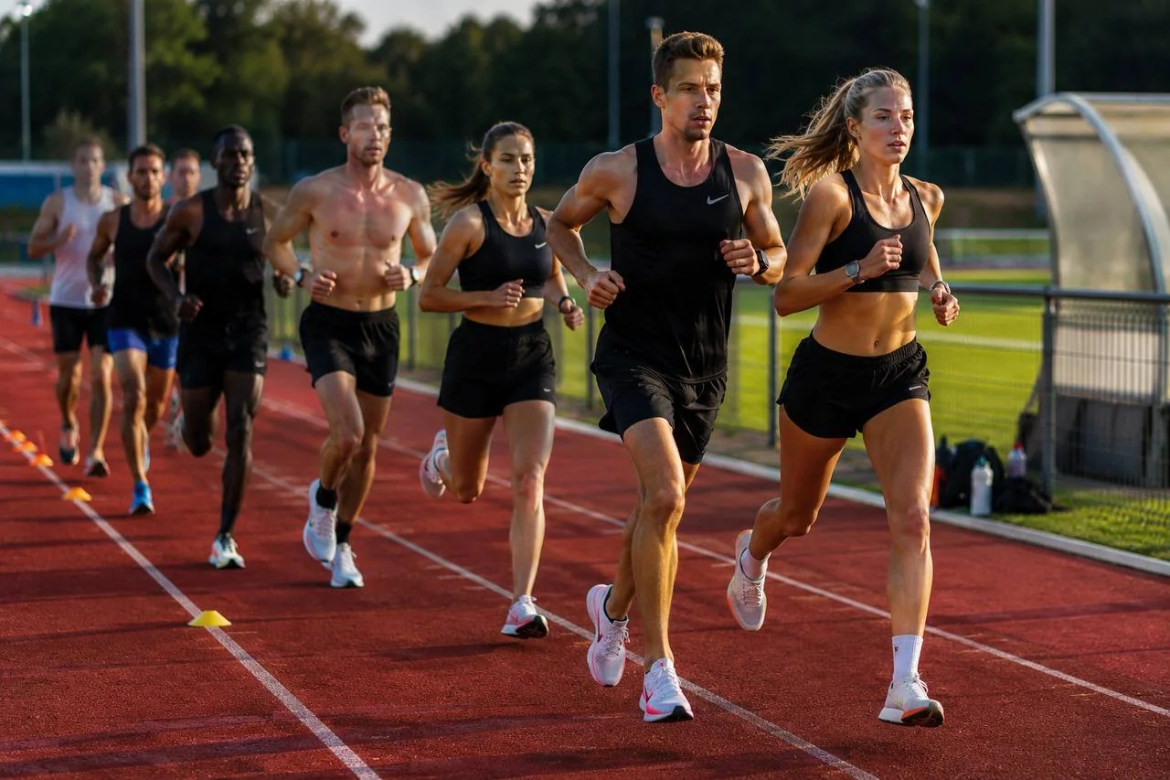 Track group running a controlled interval session, representing middle distance training