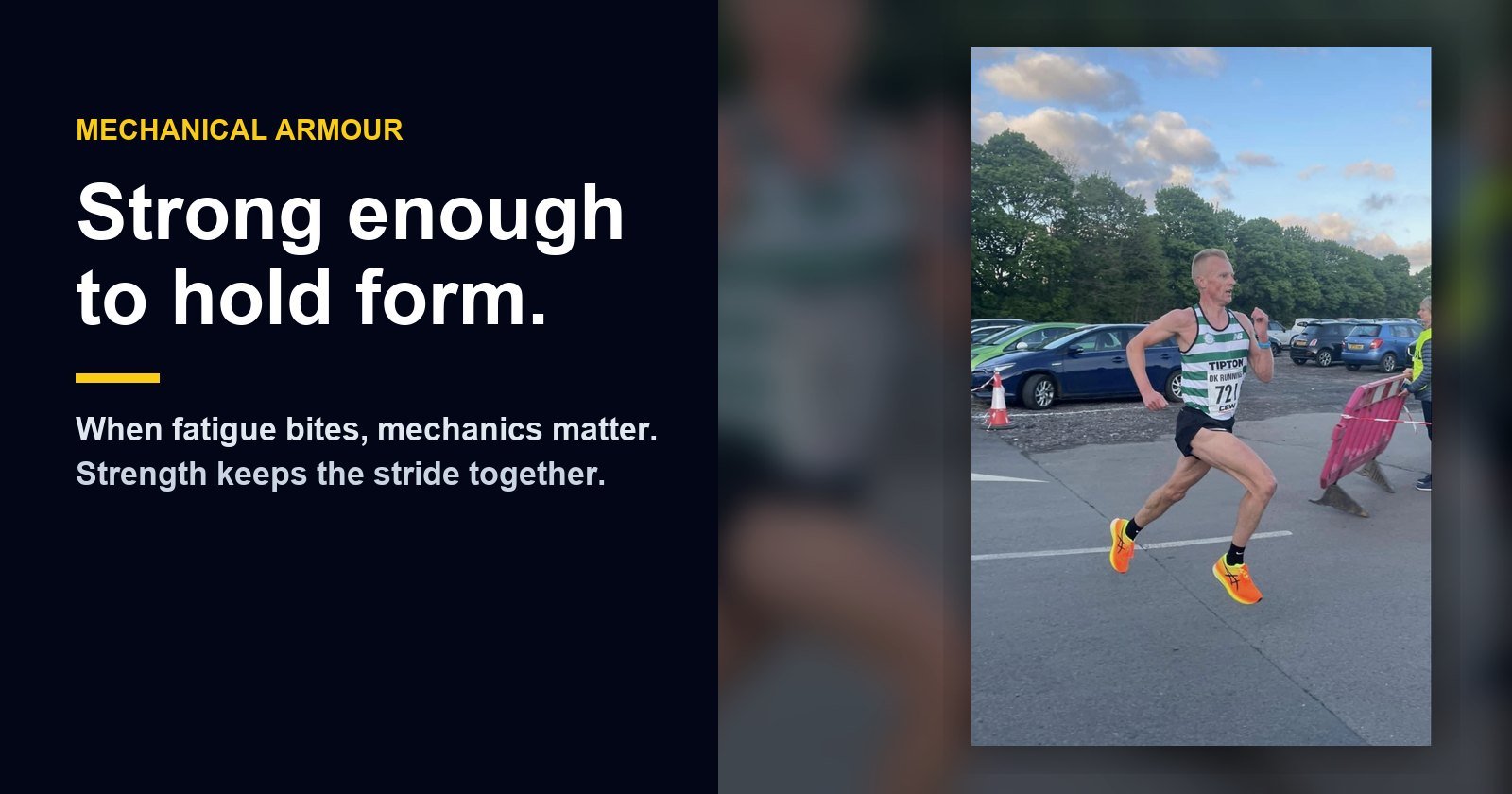 Martin Williams racing strongly in a Tipton vest, illustrating strength training and holding form under fatigue