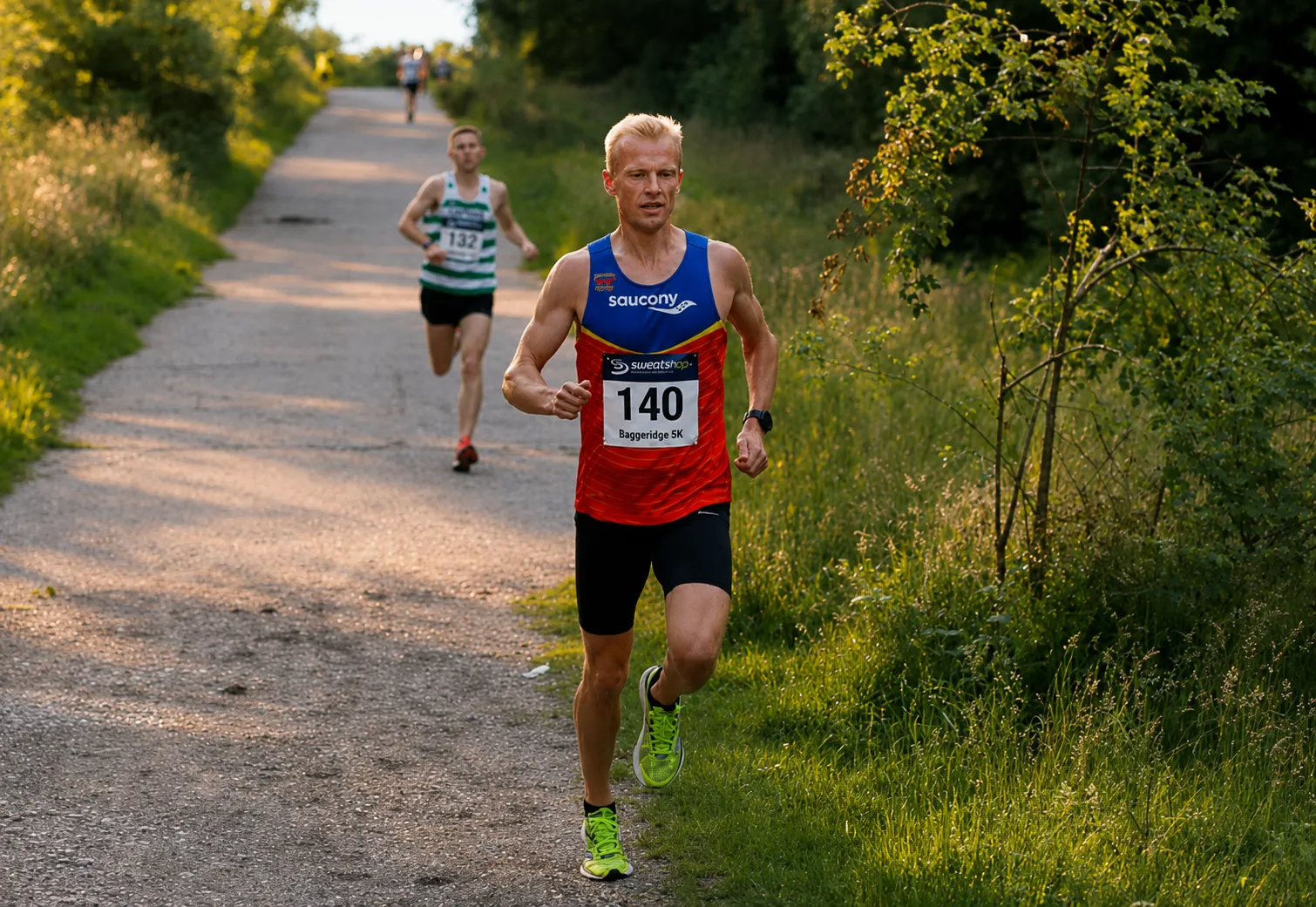 Masters runner leading the field at the Baggeridge 5K road race