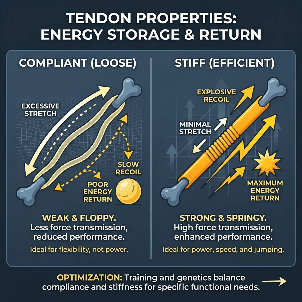 Visual comparison between a compliant (loose) tendon and a stiff (efficient) tendon